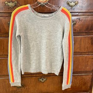 Dec brand long sleeved, gray sweater with stripes down arms